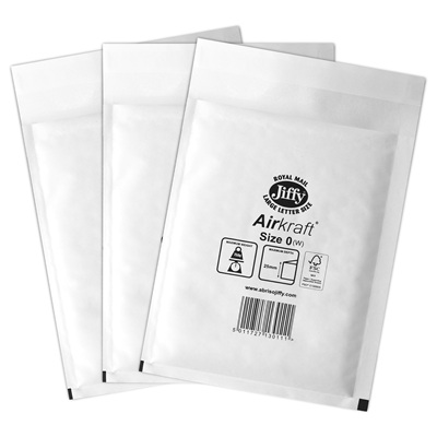 50 x Jiffy Airkraft Size 0 White Bubble Envelopes Bags 140x195mm (JL0W)